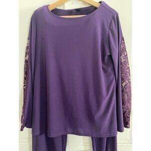 Iman 2 pc purple pants Set Tunic , Lace Sleeves Womens Size Medium